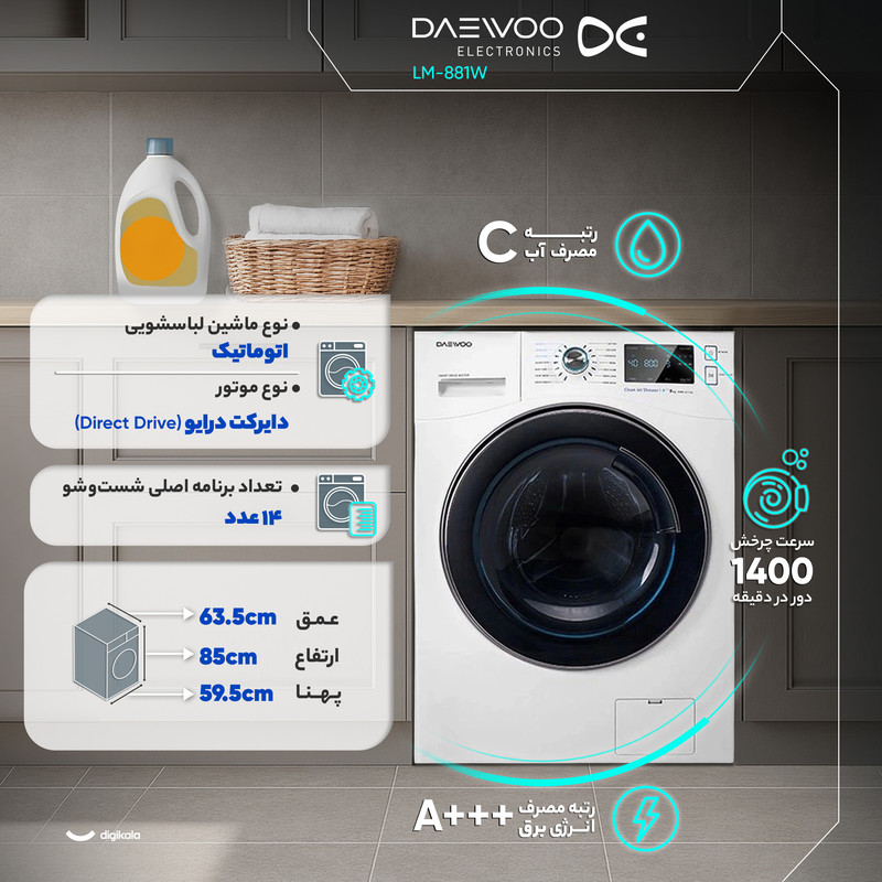 ماشین لباسشویی 8 کیلوگرم اتوماتیک دوو مدل LM-881W